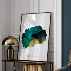 Impresión de arte mural en verde esmeralda y dorado con el mapa de Macedonia del Norte
