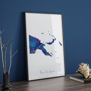 Impresión de arte mural en azul y dorado con el mapa de Papúa Nueva Guinea