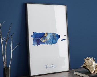 Puerto Rico Map Blue and Gold Wall Art Print