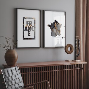 Conjunto de 2 mapas de Francia en negro y dorado con impresiones artísticas de pared con tipografía