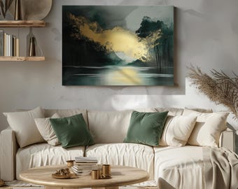 Lienzo abstracto para pared en verde esmeralda y dorado / Decoración inspirada en la naturaleza
