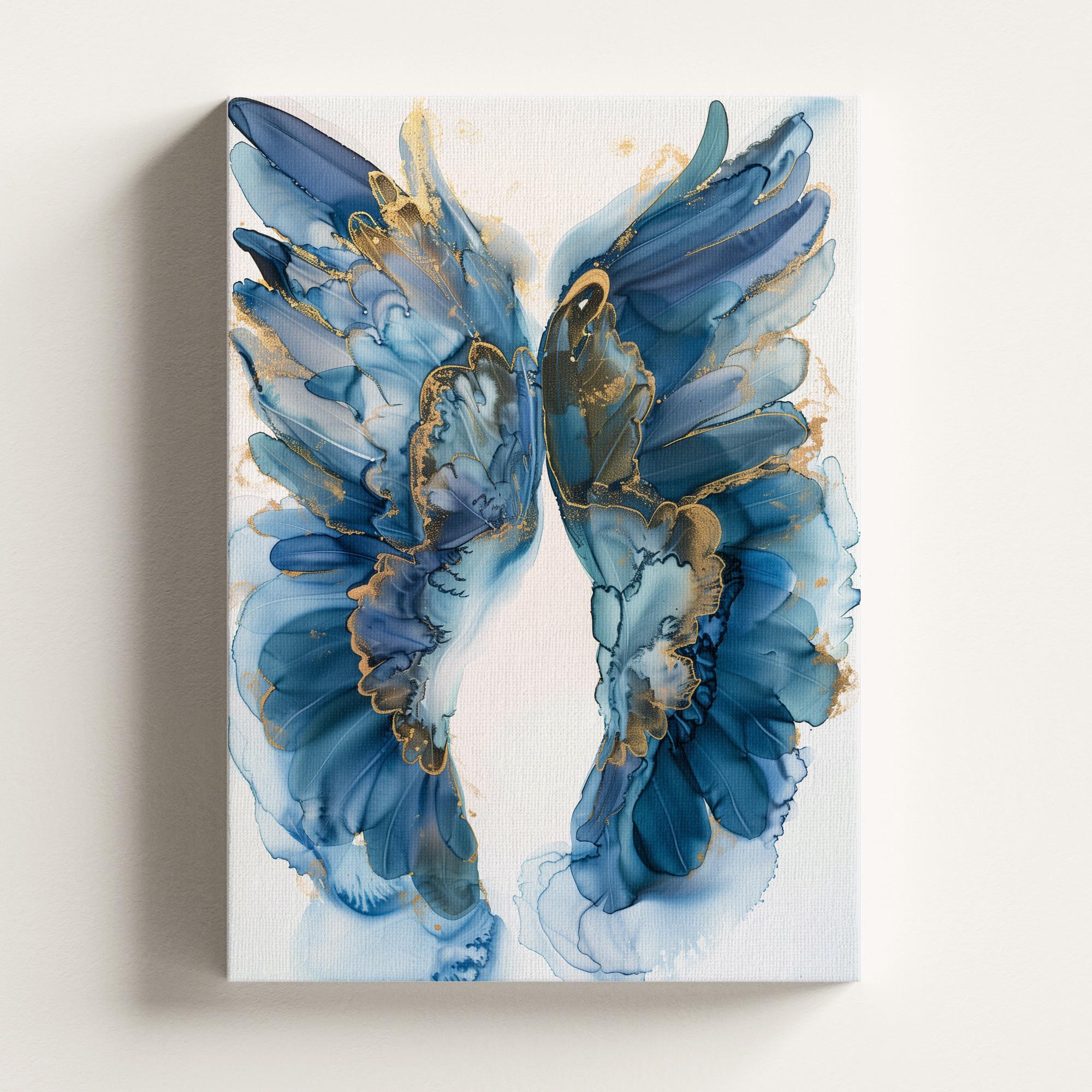 Navy Blue and Gold Angel Wings Canvas Wall Art | Abstract Feathered Ink Painting