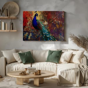 Lienzo de pavo real vibrante para pared / Decoración inspirada en la naturaleza en rojo y verde azulado