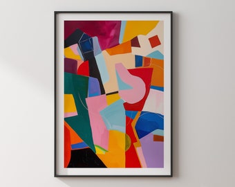 Puede incluir: Impresión de arte abstracto con un diseño geométrico colorido con formas en tonos de rosa, azul, verde, amarillo, rojo y negro.