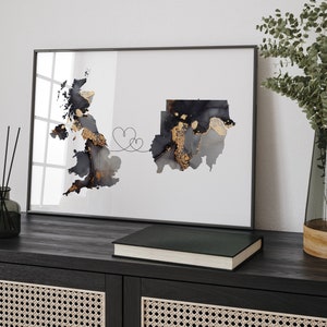 Impresión de arte mural de viaje en negro y dorado con el mapa de Gran Bretaña y Sudán / Reino Unido / Reino Unido