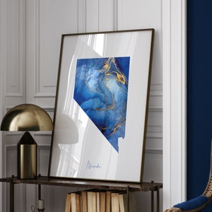 Carte du Nevada bleu et or impression d'art mural | État américain | États-Unis d'Amérique | Etats-Unis