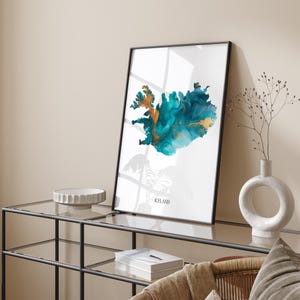 Impression d'art murale carte de l'Islande turquoise et or