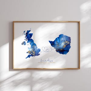Kaart van het Verenigd Koninkrijk en Zimbabwe blauw en goud reizen muurkunst print | Verenigd Koninkrijk | Cadeau voor op reis verhuizen
