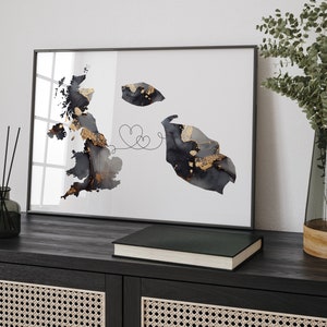 Großbritanien und Malta Karte Schwarz & Gold Reise Wand Kunst Druck | Vereinigtes Königreich | Großbritanien