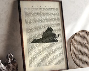 Impresión de arte mural con el mapa de Virginia / Mapa tipográfico beige vintage / Estado de EE. UU. / Estados Unidos de América / EE. UU.