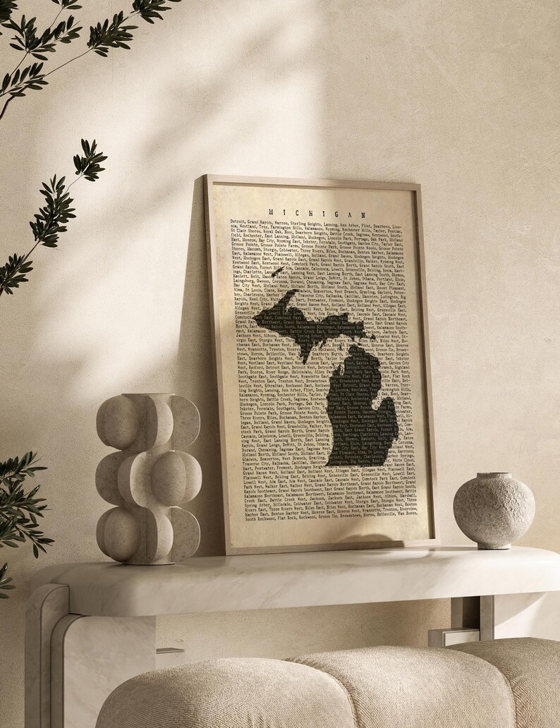 Michigan Map Wall Art Print | Vintage Beige Typography Map | US State ...