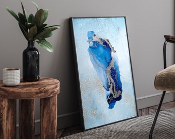 Dominica Map Shades of Blue & Silver Wall Art Print