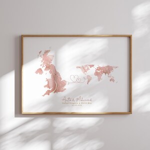 Vereinigtes Königreich und Weltkarte Pink & Gold Reise Wand Kunst Druck | Vereinigtes Königreich | Reisen Umzug Geschenk