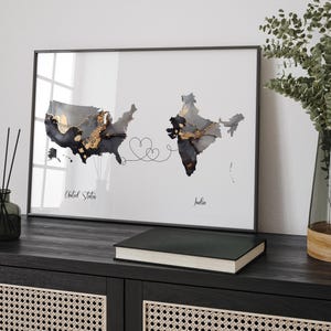 Carte des États-Unis et de l'Inde, impression d'art mural de voyage noir et or | États-Unis | Amérique | Cadeau déménagement