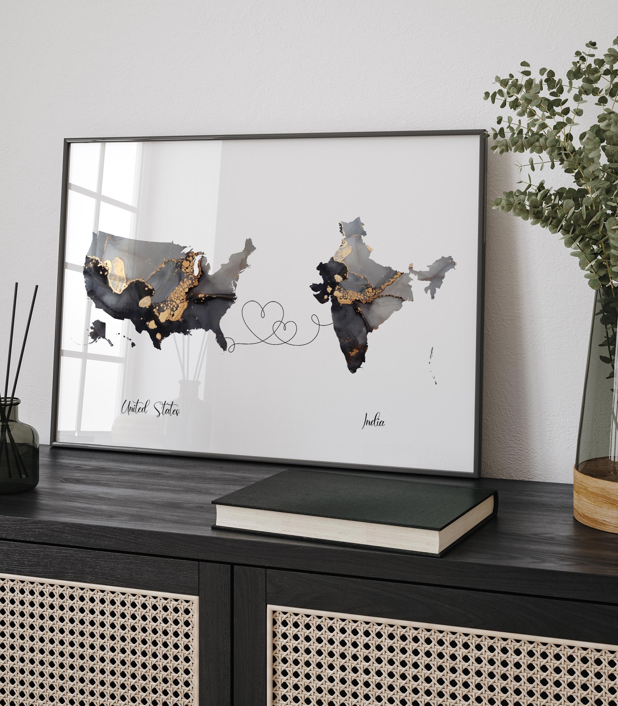 USA and India Map Black & Gold Travel Wall Art Print | United States | America | Travel Moving Home Gift