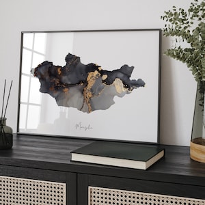 Mongolia Map Black & Gold Wall Art Print [EV]