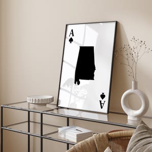 Carte de l'Alabama inspirée des cartes à jouer, impression d'art mural | Minimaliste noir et blanc | Monochrome | État américain | États-Unis d'Amérique | Etats-Unis