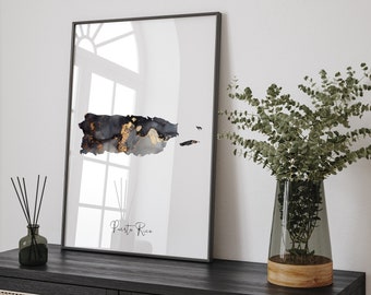 Puerto Rico Map Black & Gold Wall Art Print [EV]