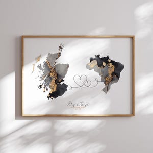 Impresión de arte mural de viaje con mapa de Escocia y Brasil en negro y dorado / Escocia / Regalo para mudanzas de viaje