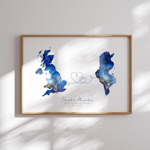 Großbritannien und Tunesien Karte Blau & Gold Reise Wand Kunst Druck | Vereinigtes Königreich | Reisen Umzug Geschenk