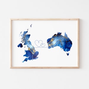 Impression d'art murale de voyage bleu et or, carte de deux pays personnalisée