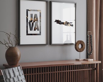 Java-kaart Set van 2 zwart-gouden kaarten + typografische kunst aan de muur