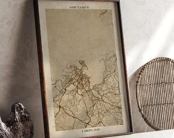 A Coruña, Galicia Map | Vintage Beige Detailed Map Print | Spain | Travel Gift