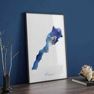Impression d'art murale carte du Maroc bleu et or