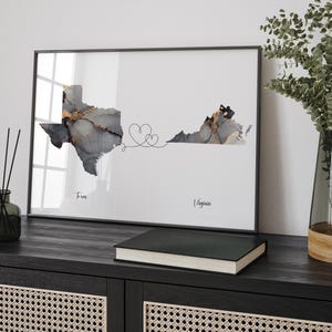 Texas and Virginia Map Black & Gold Travel Wall Art Print | Texas | Travel Moving Home Gift