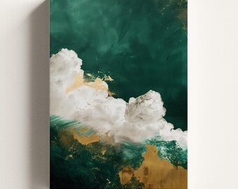 Lienzo de nubes en verde esmeralda y dorado / Arte de pared abstracto con textura / Decoración moderna inspirada en el cielo