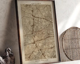Waltham, Massachusetts : carte | impression de carte détaillée beige vintage | Art mural des États-Unis | Cadeau de voyage