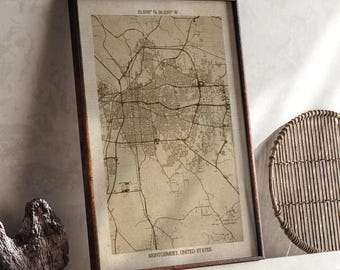 Montgomery, Alabama Map | Vintage Beige Detailed Map Print | United States Wall Art | Travel Gift