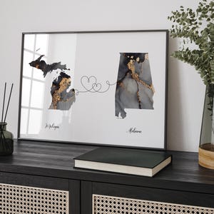 Giban und Alabama Karte Schwarz & Gold Reise Wand Kunst Druck | Württemberg | Reisen Umzug Geschenk