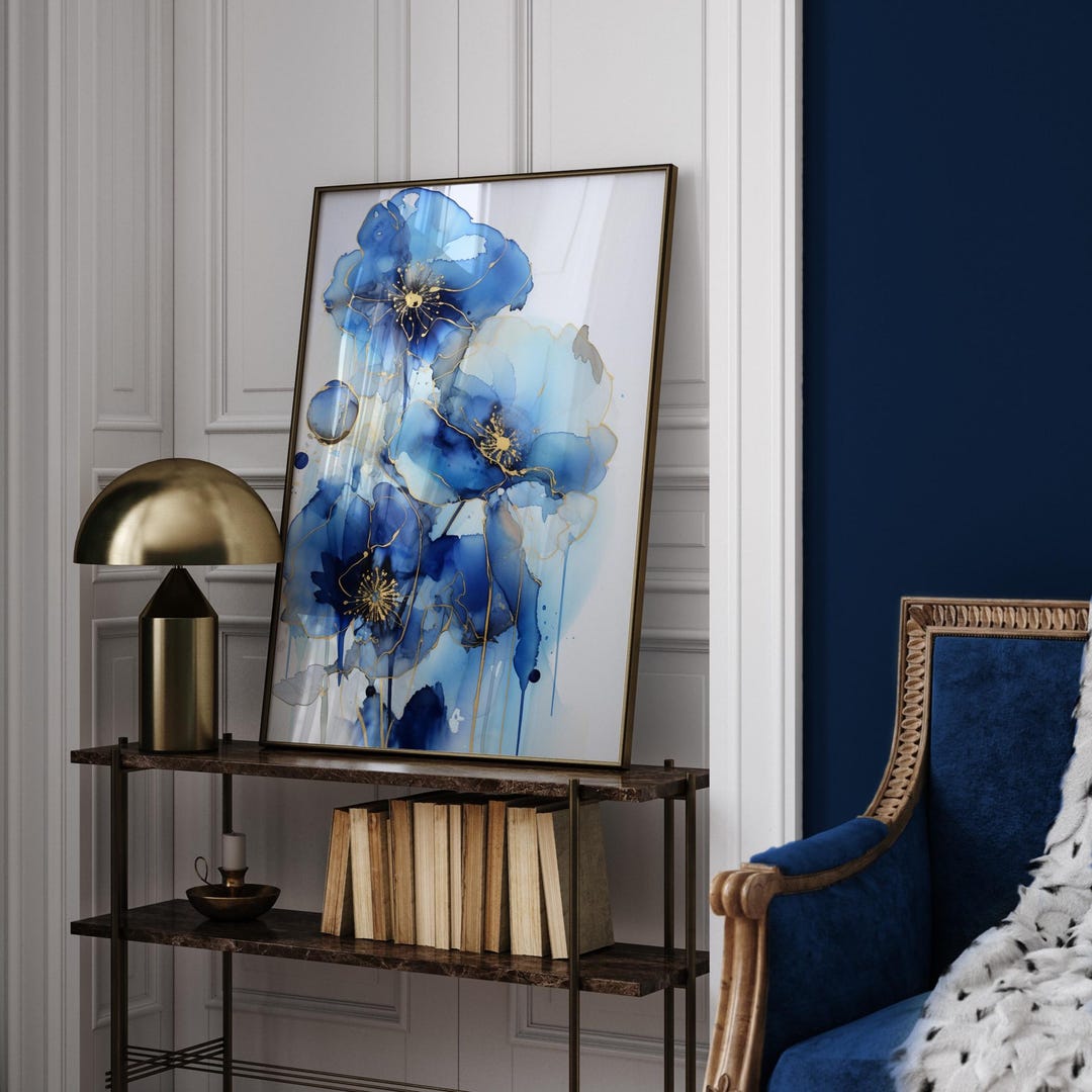 Blue and Gold Flower Wall Art | Elegant Floral Print | Modern Botanical ...