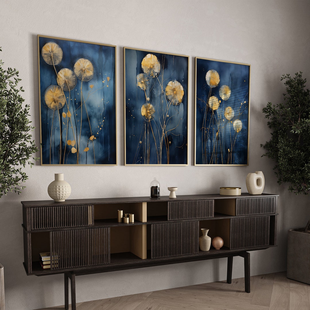 Navy Blue & Gold Dandelions Wall Art Set of 3 Navy Blue Room Decor Floral Art Etsy