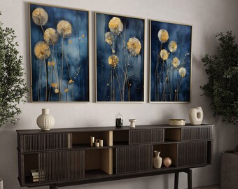 Arte de pared con dientes de león en azul marino y dorado / Juego de 3 piezas de decoración de habitación en azul marino / Arte floral