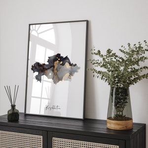 Kazakhstan Map Black & Gold Wall Art Print [EV]