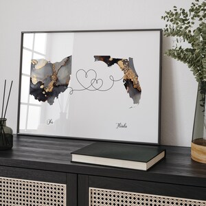 Kaart van Ohio en Florida zwart en goud reizen muurkunst print | Ohio| Cadeau voor op reis verhuizen