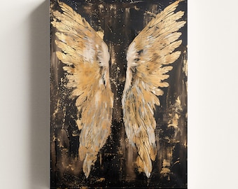 Black and Gold Angel Wings Canvas Wall Art | Abstract Feathered Wings Decor