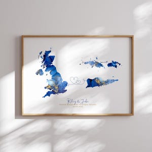 Reino Unido e Ilhas Virgens Americanas Mapa Azul e Dourado Impressão de Arte de Parede de Viagem | Reino Unido | Viagem Mudança de Casa Presente