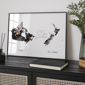 Carte du Canada et de la Nouvelle-Zélande, impression d'art mural de voyage noir et or | Canadienne | Décoration minimaliste | Art du voyage international