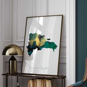 Dominikanische Republik Karte, smaragdgrüner und goldener Wandkunst Druck