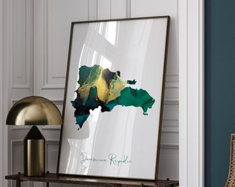 Dominican Republic Map Emerald Green and Gold Wall Art Print