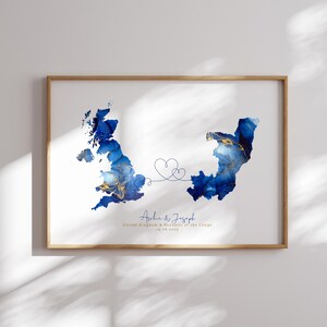 Vereinigtes Königreich und Republik Kongo Map Blue & Gold Travel Wall Art Print | Vereinigtes Königreich | Reisen Umzug Geschenk