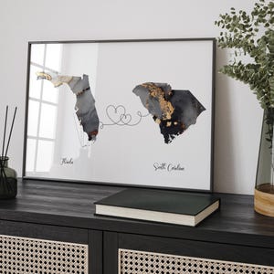 Kaart van Florida en South Carolina zwart en goud reizen muurkunst print | Florida| Cadeau voor op reis verhuizen