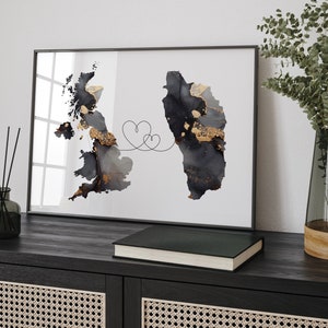Britain and Dominica Map Black & Gold Travel Wall Art Print | United Kingdom | UK