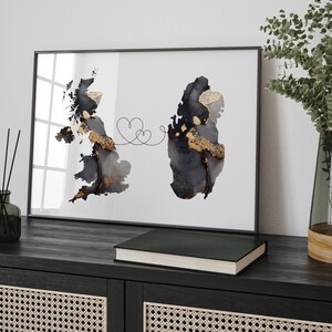 Großbritannien und Katar Karte Schwarz & Gold Reise Wand Kunst Druck | Vereinigtes Königreich | Großbritanien