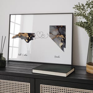 Kaart van Noord-Carolina en Nevada zwart en goud reizen muurkunst print | Noord-Carolina | Cadeau voor op reis verhuizen