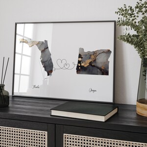 Kaart Florida en Oregon zwart en goud reizen muurkunst print | Florida| Cadeau voor op reis verhuizen