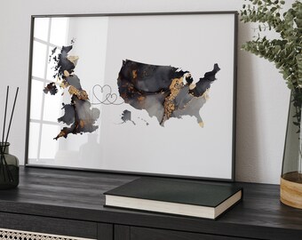 Mapa Wielkiej Brytanii i Stanów Zjednoczonych Czarno-złota podróżna sztuka ścienna | Wielka Brytania | Wielka Brytania | USA | Ameryka